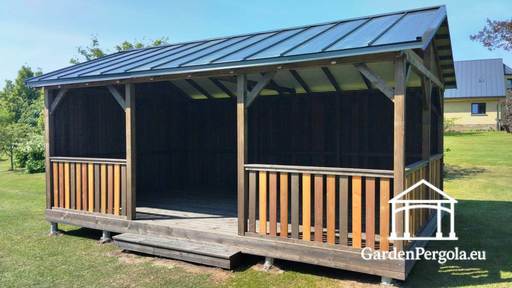 Cenador de jardín 4x6m con techo de metal a dos aguas