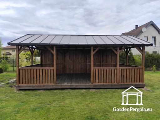 Cenador de jardín grande de 4x7m con techo de metal marrón