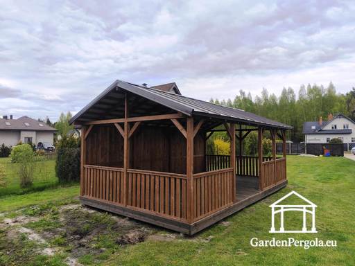 Cenador de jardín grande de 4x7m con techo de metal marrón