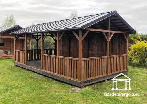 Cenador de jardín grande de 4x7m con techo de metal marrón - garden gazebo pergola