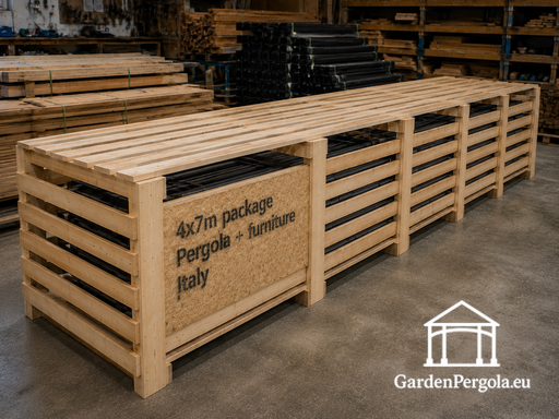 Gazebo de madera natural de 4x7 m — espacioso gazebo de jardín con suelo, barandillas y techo a un agua
