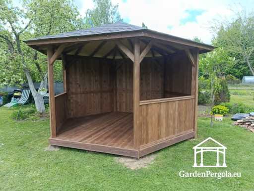 Cenador de jardín hexagonal gris oscuro con techo de tejas grises - garden gazebo pergola