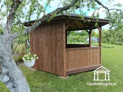 Cenador de jardín hexagonal gris oscuro con techo de tejas grises