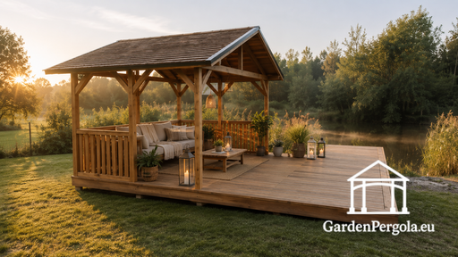 Gazebo de madera de 3x4 m con una espaciosa terraza de 4x4 m