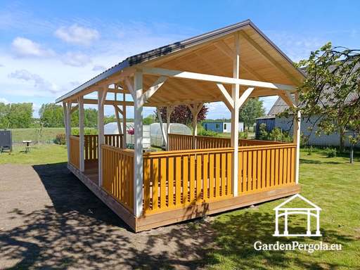 Gazebo de Madera a Medida de 4x7 m — Espacioso Gazebo de Jardín con Suelo y Techo a Dos Aguas