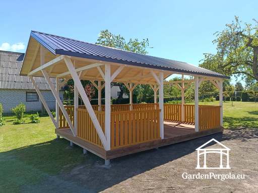 Gazebo de Madera a Medida de 4x7 m — Espacioso Gazebo de Jardín con Suelo y Techo a Dos Aguas