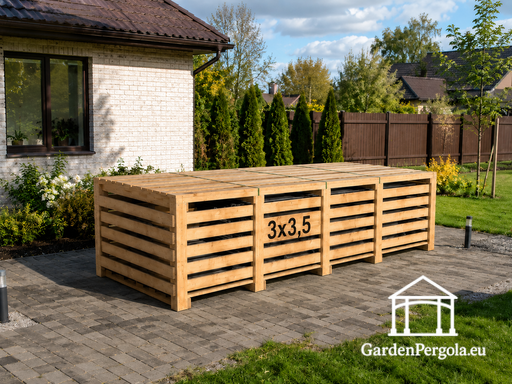 Gazebo de madera marrón de 3x3.5 m — acogedor gazebo de jardín con suelo, pared trasera cerrada y paredes laterales de celosía decorativa