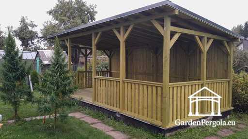 Gazebo de madera natural de 4x7 m — espacioso gazebo de jardín con suelo, barandillas y techo a un agua - garden gazebo pergola