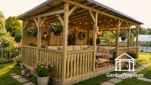Gazebo de madera natural de 4x7 m — espacioso gazebo de jardín con suelo, barandillas y techo a un agua