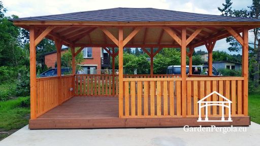 Gazebo de madera ámbar de 4x5 m — espacioso gazebo de jardín con suelo, barandillas y techo cubierto - garden gazebo pergola