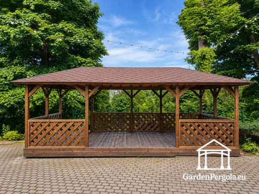 Gazebo de Madera Marrón de 4x7 m — Espacioso Gazebo de Jardín con Piso, Barandillas de Celosía y Techo de Tejas - garden gazebo pergola