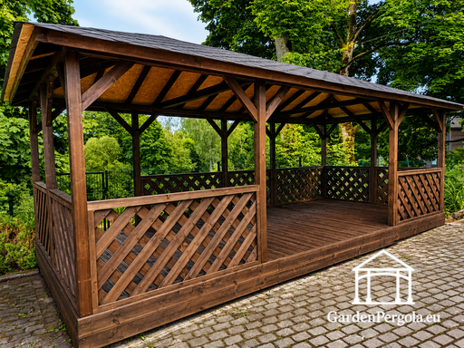 Gazebo de Madera Marrón de 4x7 m — Espacioso Gazebo de Jardín con Piso, Barandillas de Celosía y Techo de Tejas
