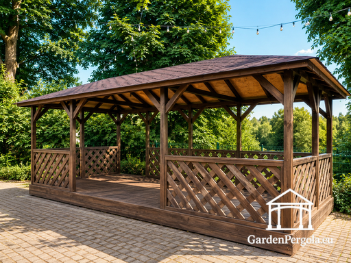 Gazebo de Madera Marrón de 4x7 m — Espacioso Gazebo de Jardín con Piso, Barandillas de Celosía y Techo de Tejas