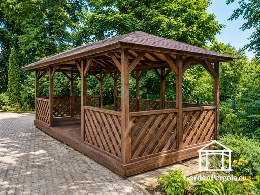 Gazebo de Madera Marrón de 4x7 m — Espacioso Gazebo de Jardín con Piso, Barandillas de Celosía y Techo de Tejas