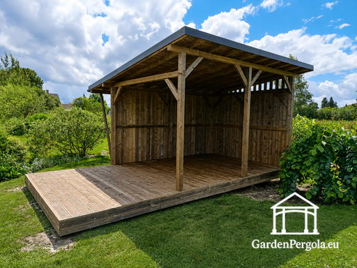 Gazebo de jardín de madera natural de 3x6 m cubierto con techo de 3x4 m - garden gazebo pergola