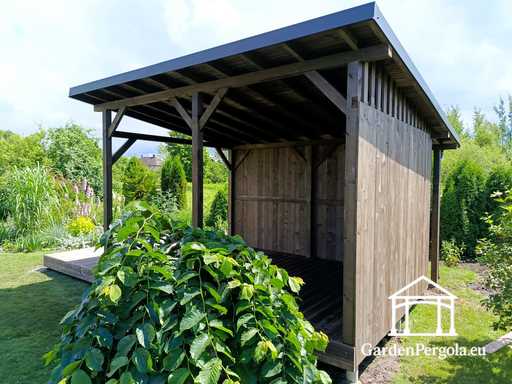 Gazebo de jardín de madera natural de 3x6 m cubierto con techo de 3x4 m