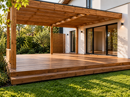 Terraza de madera junto a la casa, tamaño, escalones, barandillas y diseño